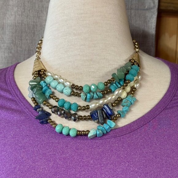 Multilayer Beaded Necklace Faux Turquoise, Faux Pearls & Gemstones Multicolor - Picture 9 of 16